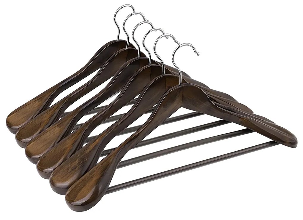 Cabides de terno SONGMICS, cabides de madeira maciça com extremidades largas barra antiderrapante para calças, conjunto de 6 para roupas, camisas, casacos, jaquetas, calças, calças, gancho giratório de 360°, nogueira escura CRSH06V