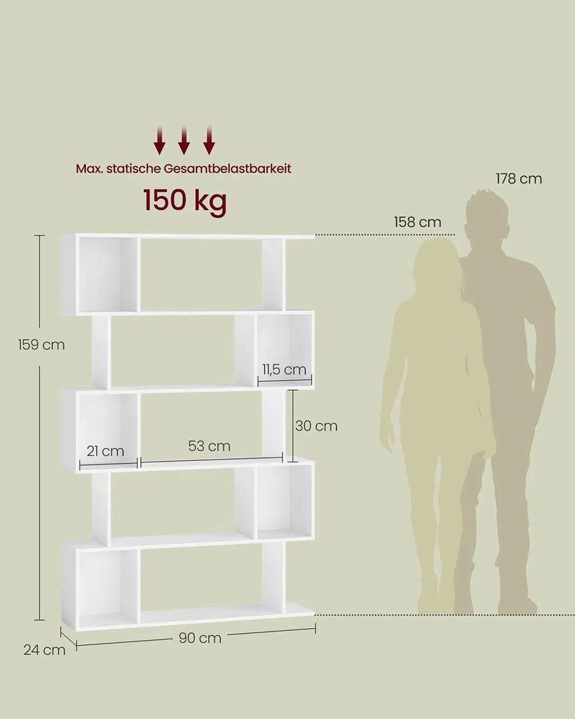Estante em forma de S com 5 prateleiras abertas 24 x 90 x 159 cm Branco