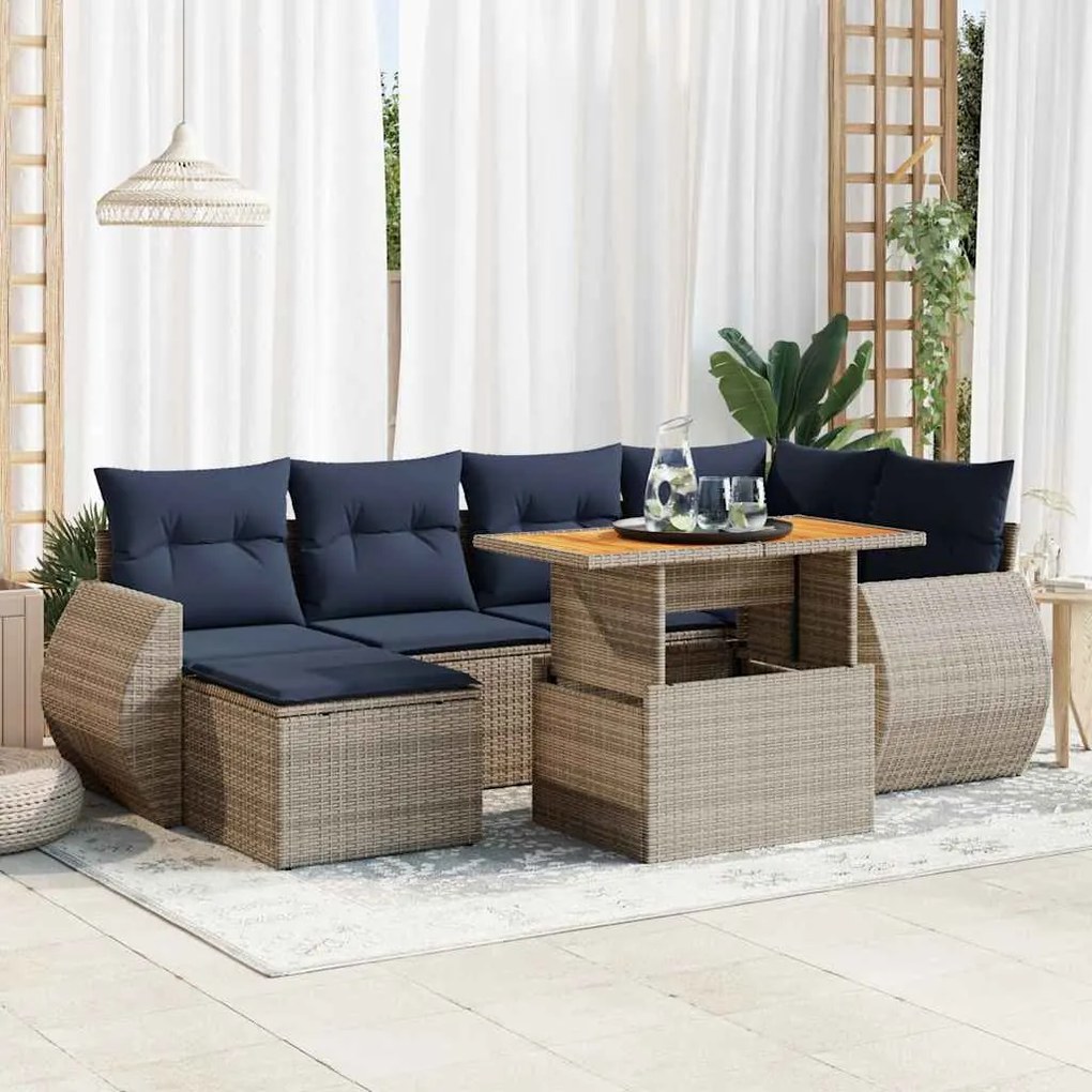 7 pcs conjunto sofás p/ jardim c/ almofadões vime PE cinzento
