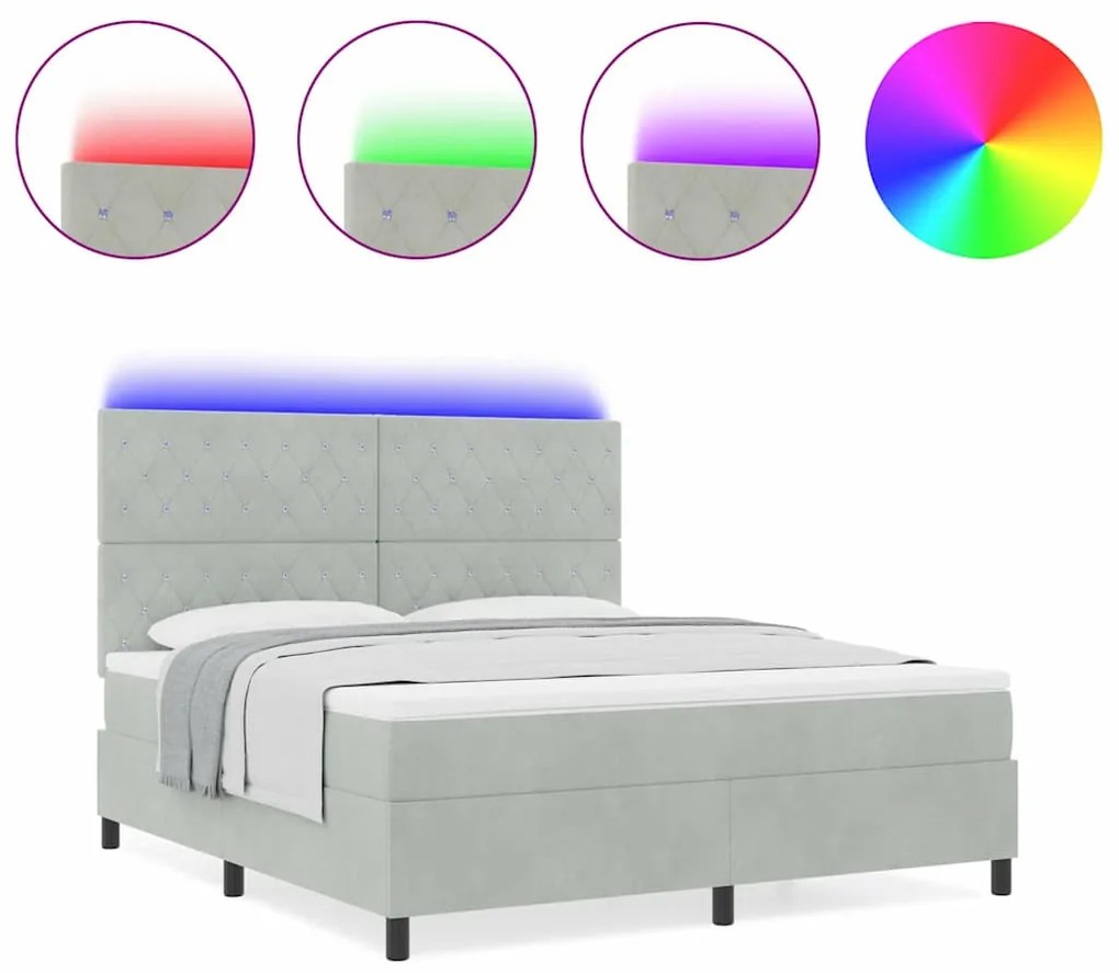 Cama Box com Colchão &amp; Luz LED Cinza Claro 180x200 cm Veludo