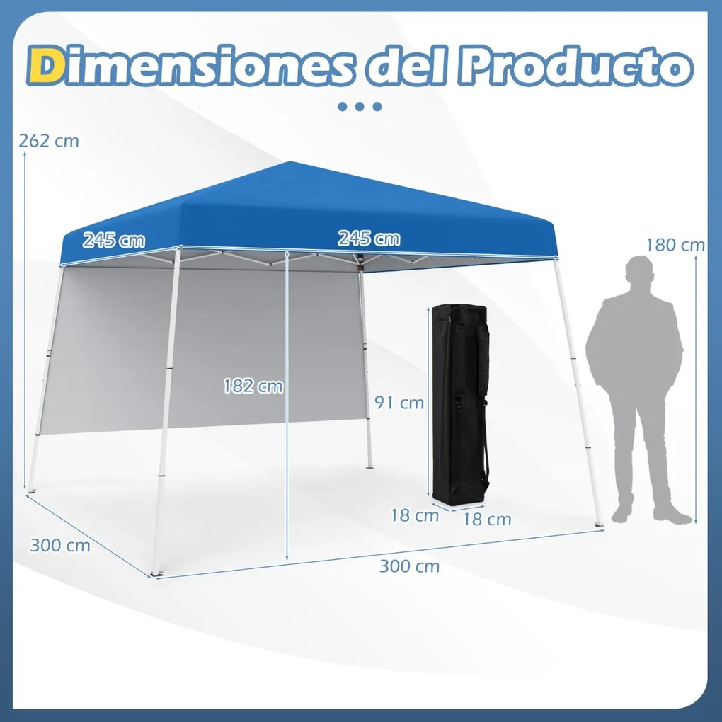 Tenda 300 x 300 cm Pop Up Dobrável com 1 Parede Lateral Com Saco, jardim, campismo, feiras, eventos com Estrutura Metálica Azul