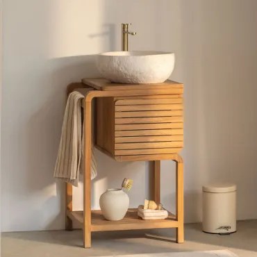 Conjunto De Móvel De Casa De Banho Em Madeira De Teca Bradley Irregular Em Cimento Branco ↔︎40 Cm Fedro & - Sklum