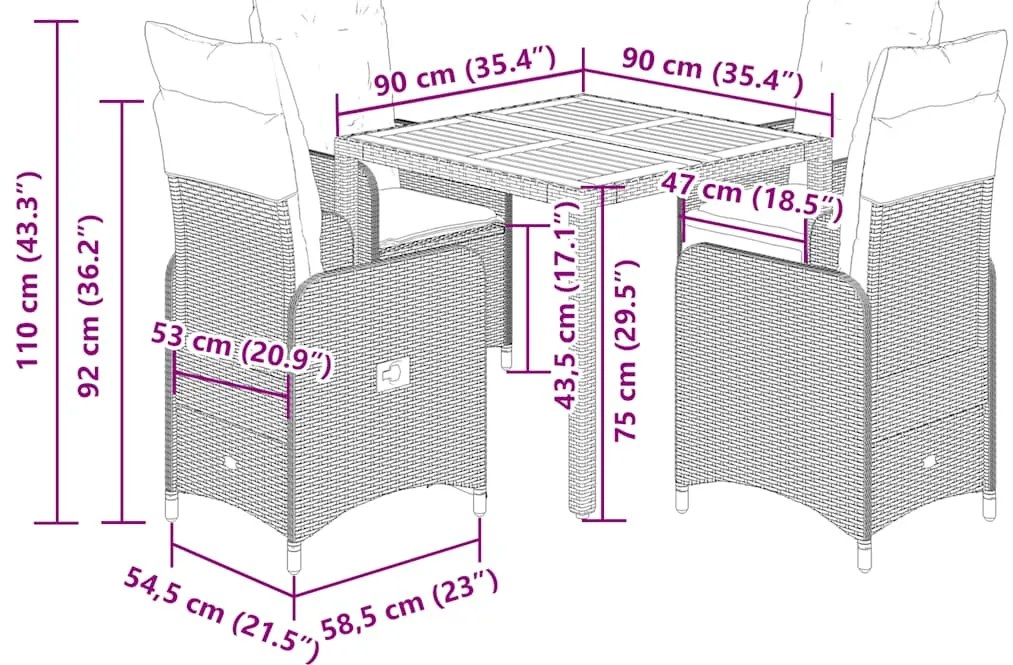 5 pcs conjunto de bistrô para jardim c/ almofadões vime PE bege
