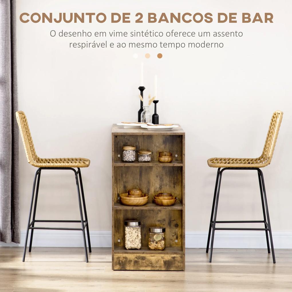Bancos Altos de Cozinha em Vime Sintético Bancos de Bar Modernos com Pés de Aço 42,5x52x102 cm Madeira e Preto