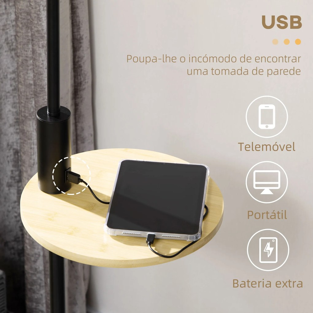 Candeeiro de Pé com Mesa Auxiliar Candeeiro com Prateleira Lâmpada E27 Máx. 40W com Ecrã de Linho Interruptor de Corrente e Carregador USB para Sala d