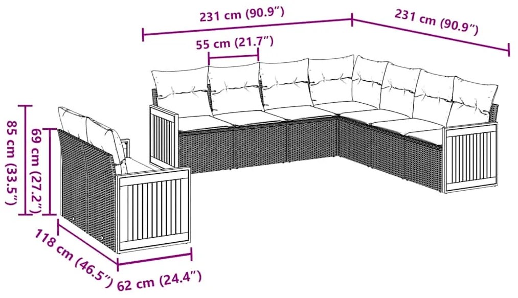 9 pcs conjunto de sofás p/ jardim c/ almofadões vime PE preto