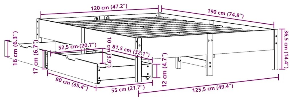 Cama sem colchão 120x190 cm madeira pinho maciça castanho-mel