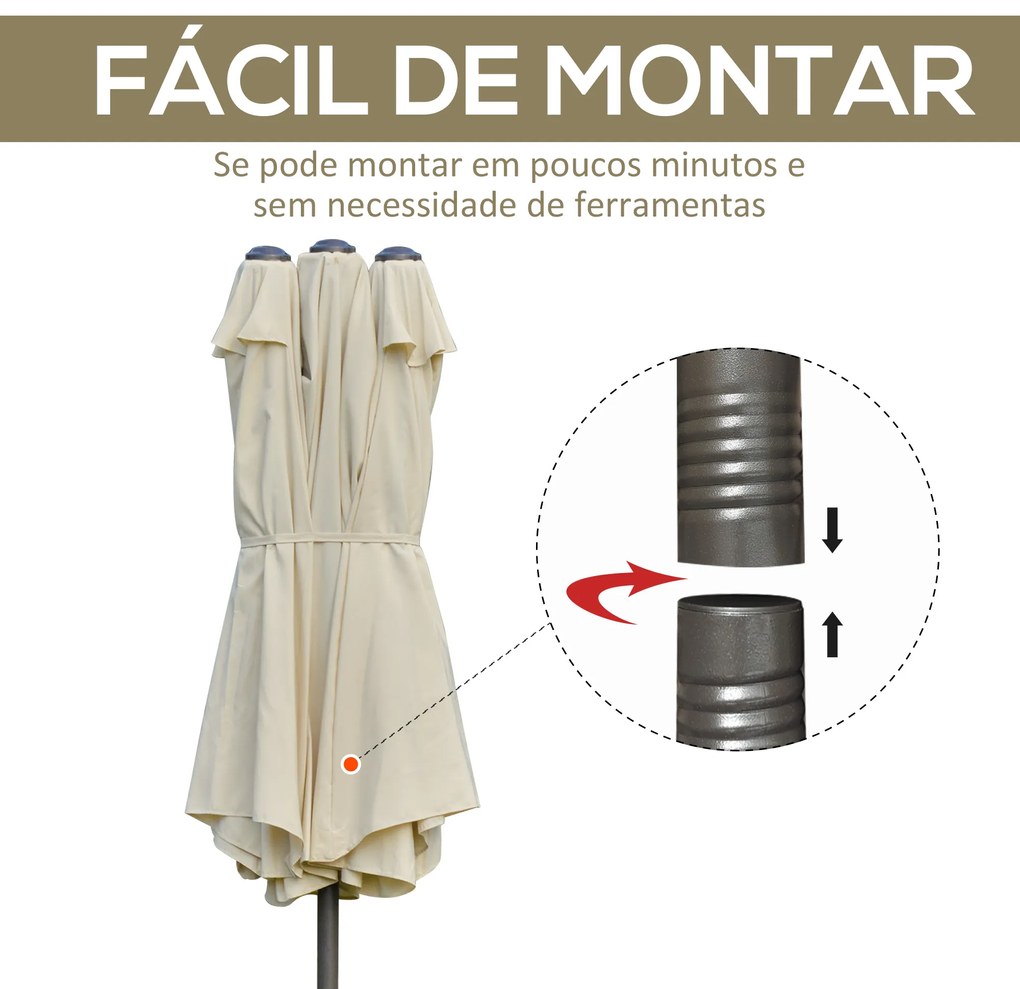 Chapéu de Sol Duplo 4,55x2,65x2,38 m Chapéu de Sol de Jardim com Manivela Manual com Proteção Solar UV Creme