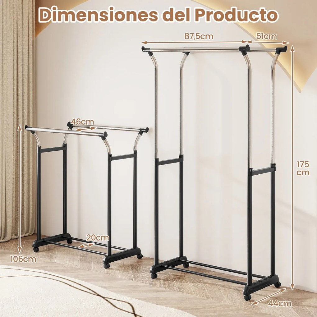 Guarda Roupa aberto, móvel com duas barras, altura ajustável 160-180 cm, com rodas, metal resistente, para closet, lavandaria ou sala, preto