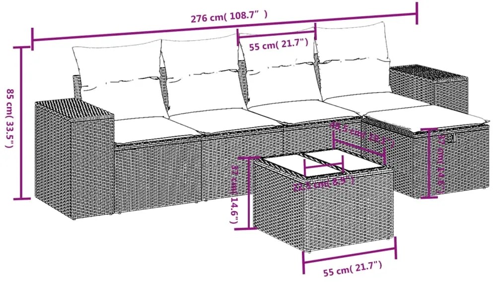 6 pcs conjunto de sofás jardim c/ almofadões vime PE castanho