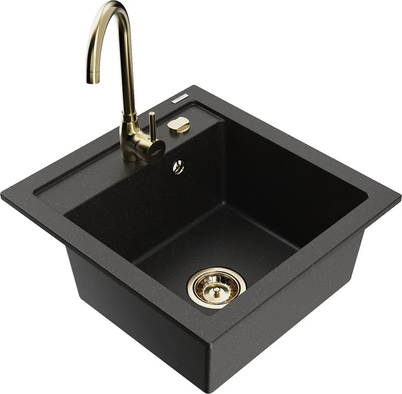 Mexen Vito lava-loiça em granito com 1 bacia e torneira de cozinha Telma, preto/dourado metálico - 6503-75-670200-50
