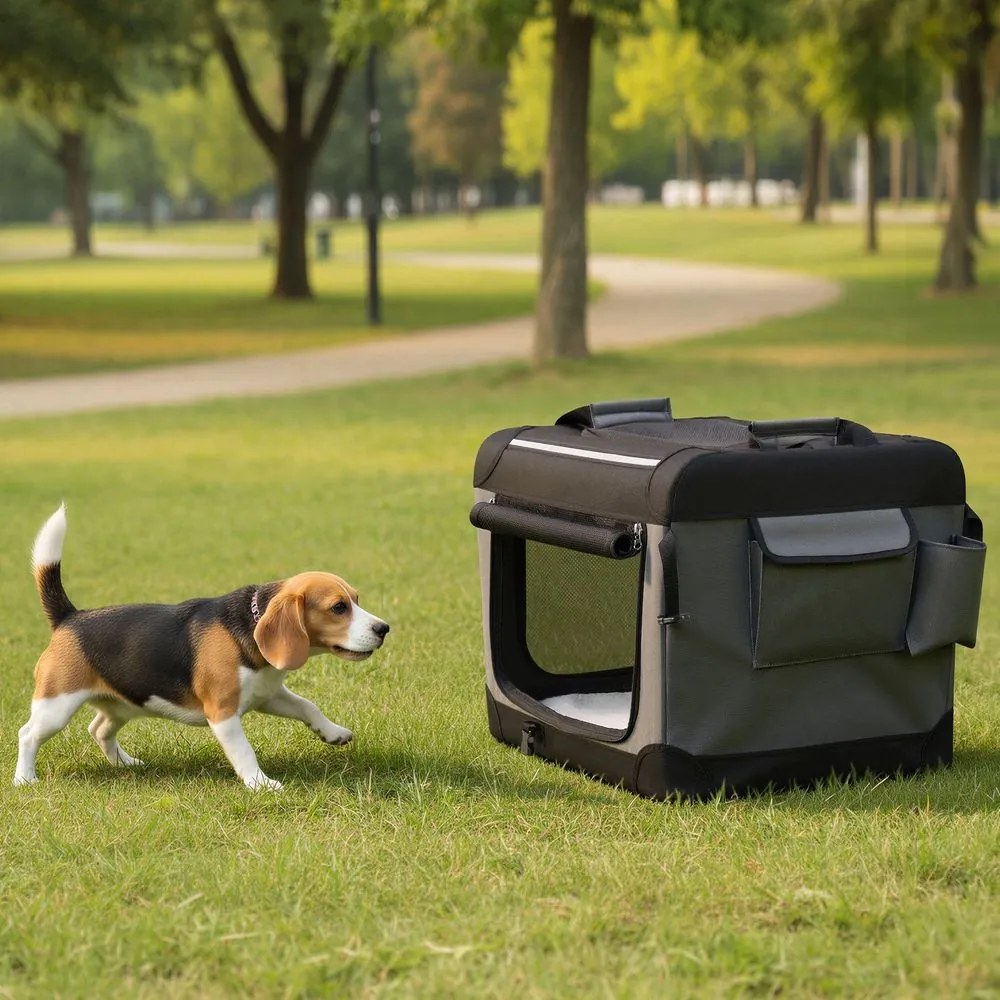 Caixa de transporte para cães pequenos, bolsa dobrável para cães com portas e bolsos em tecido de malha, viagens 60 x 42 x 42 cm preto