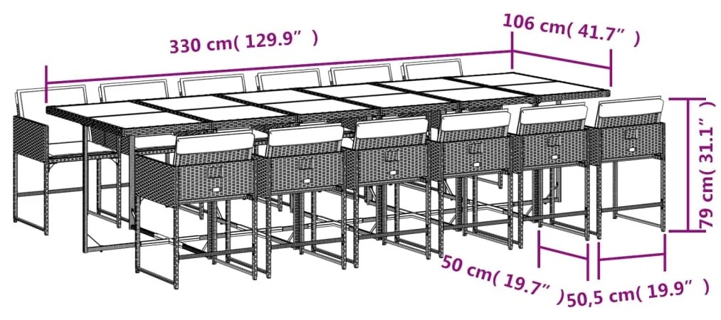 13 pcs conj. jantar jardim c/ almofadões vime PE cinzento-claro