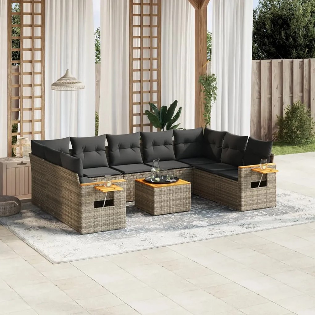 10 pcs conjunto sofás de jardim c/ almofadões vime PE cinzento