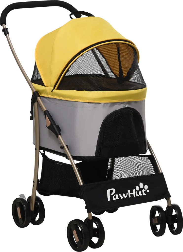 PawHut 2-em-1 Carrinho para Cães Trolley, dobrável, 1 cesto, 1 bolsa, 82 cm x 49,5 cm x 98 cm, Amarelo | Aosom Portugal