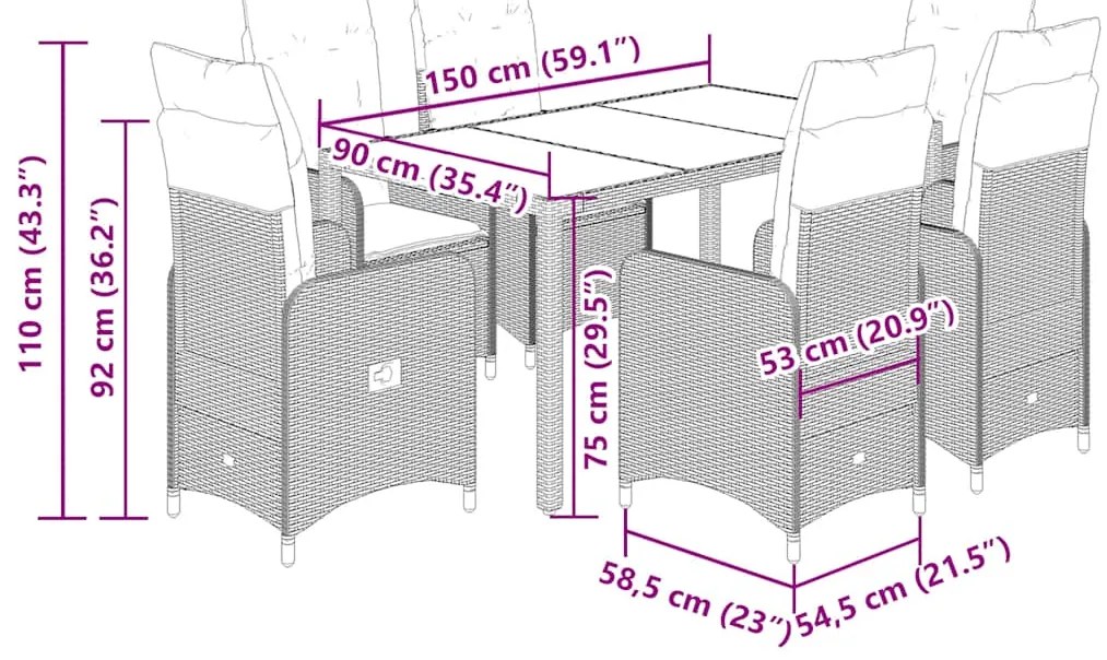 7 pcs conjunto de bistrô para jardim c/ almofadões vime PE bege