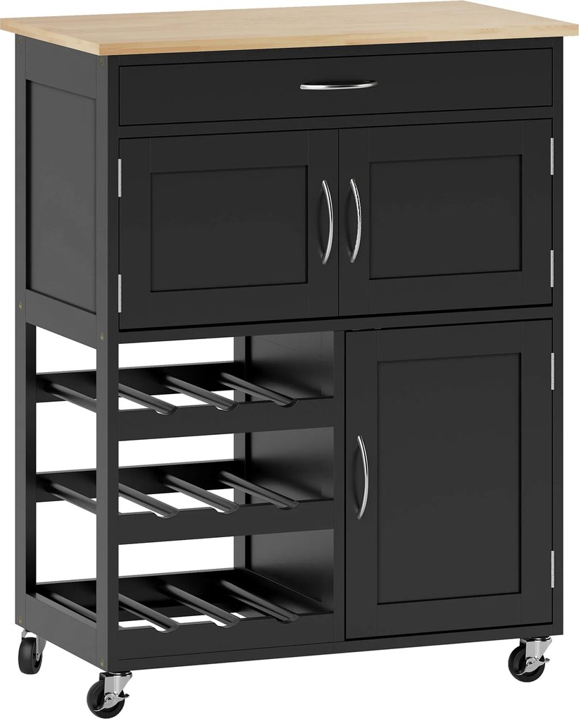 Carrinho de Cozinha com Rodas 2 Armários de Arrumação Gaveta e 3 Prateleiras Abertas para 9 Garrafas 67x37x87 cm Preto