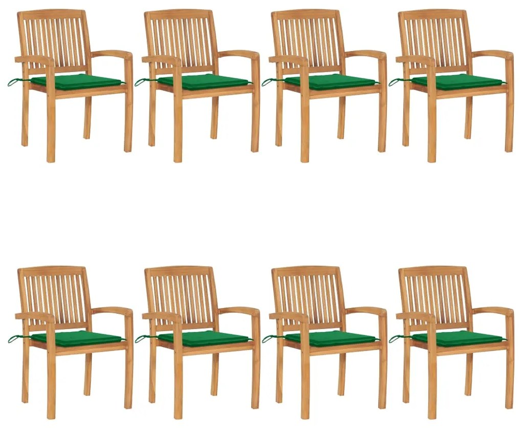 vidaXL Cadeiras de jardim empiháveis c/ almofadões 8 pcs teca maciça