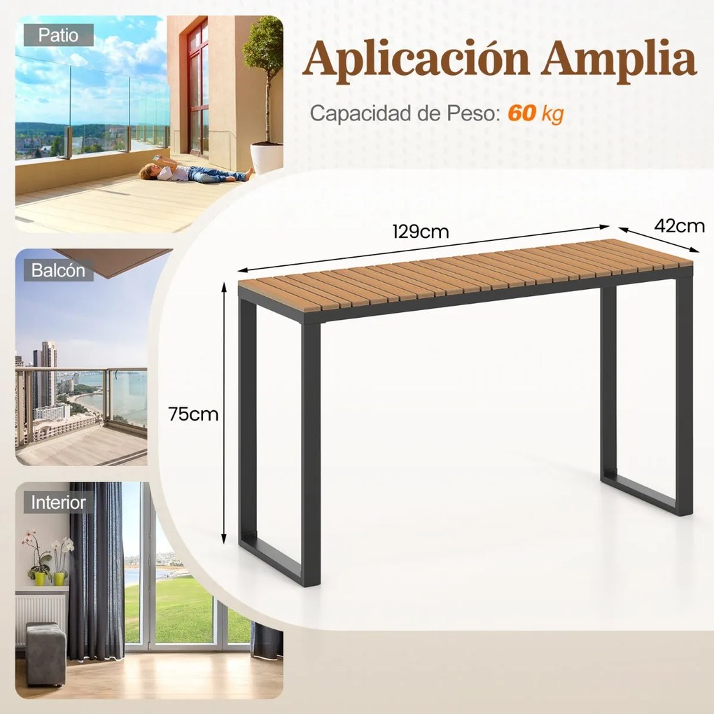 Mesa de jardim retangular com tampo em WPC durável e estrutura metálica resistente 129 x 42 x 75 cm Castanho e preto