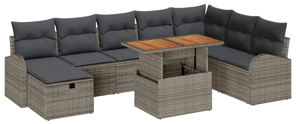 Conjunto de Sofá de Jardim com 9 peças e almofadas cinzas em rattan de