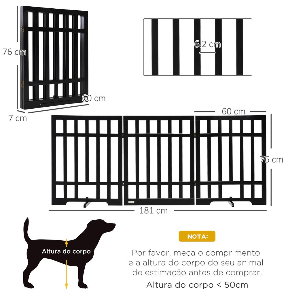 Barreira de Segurança Dobrável para Cães Grade de Madeira para Animais de Estimação de 3 Painéis com Suporte de Pé para Escadas e Portas 181x35x76cm P