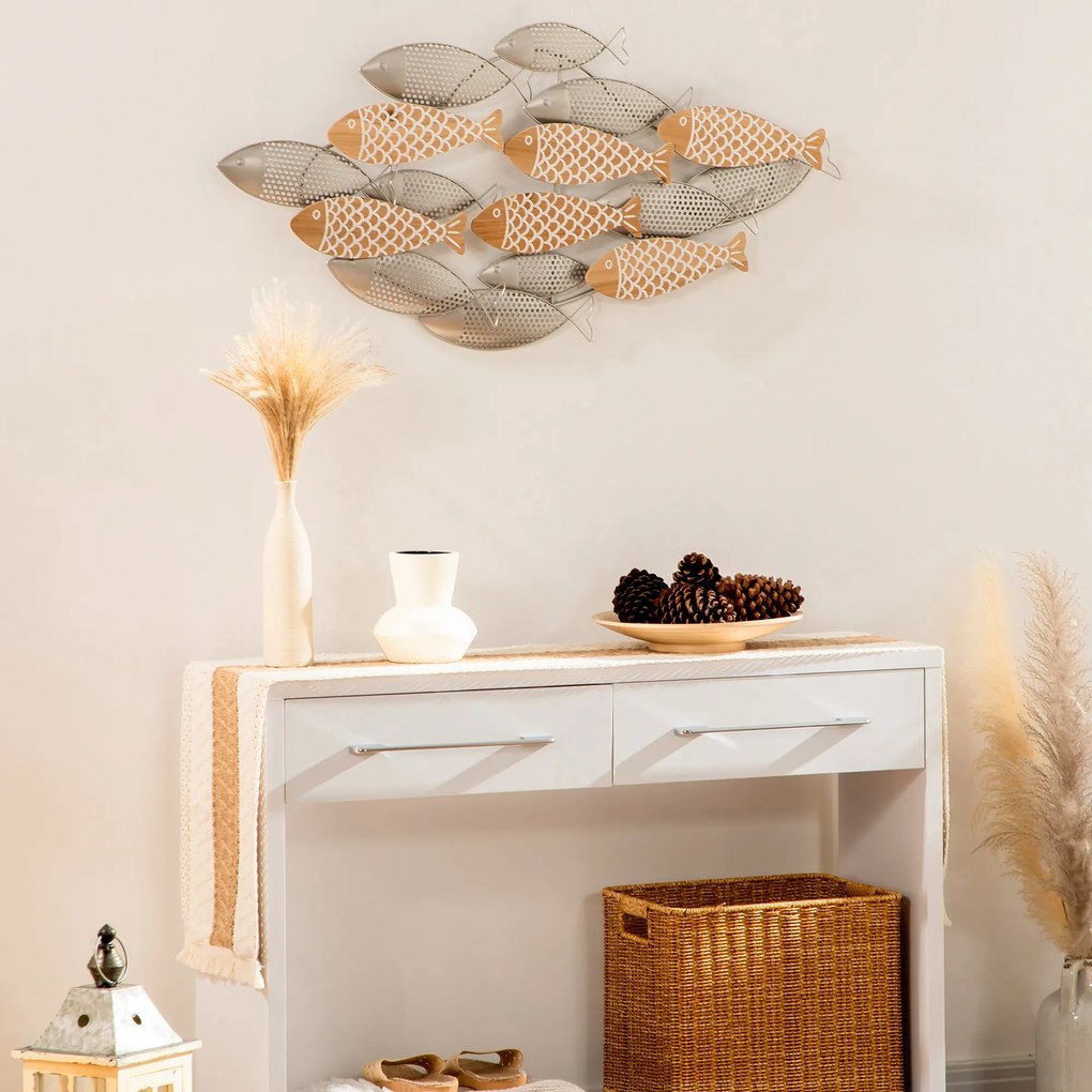 HOMCOM Decoração de Parede de Metal e Madeira 3D de Peixes 100x47cm Arte de Parede Metálica para Sala de Estar Dormitório Escritório Prata e Madeira