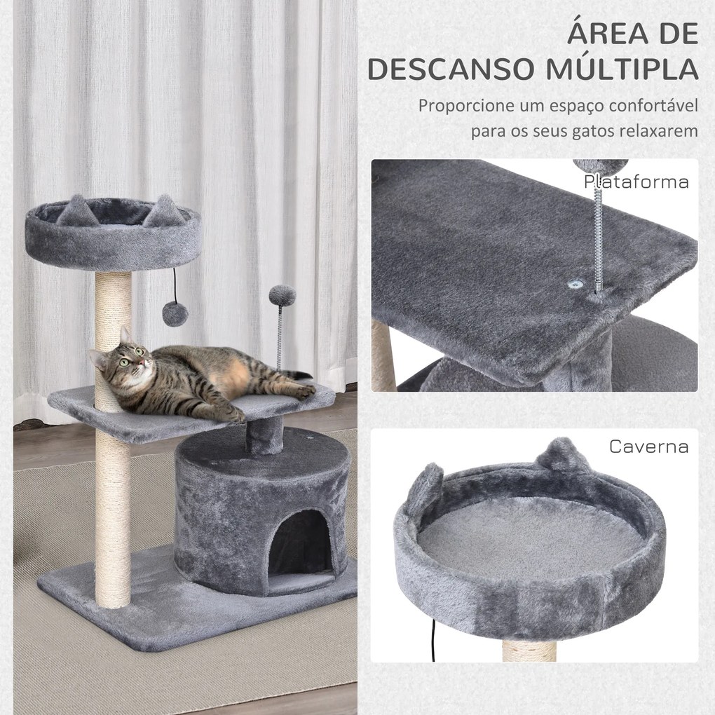 Árvore Arranhador para Gatos Médios com Cama Plataforma Caverna Poste de Sisal e Bolas de Brinquedo 60x40x81 cm Cinza