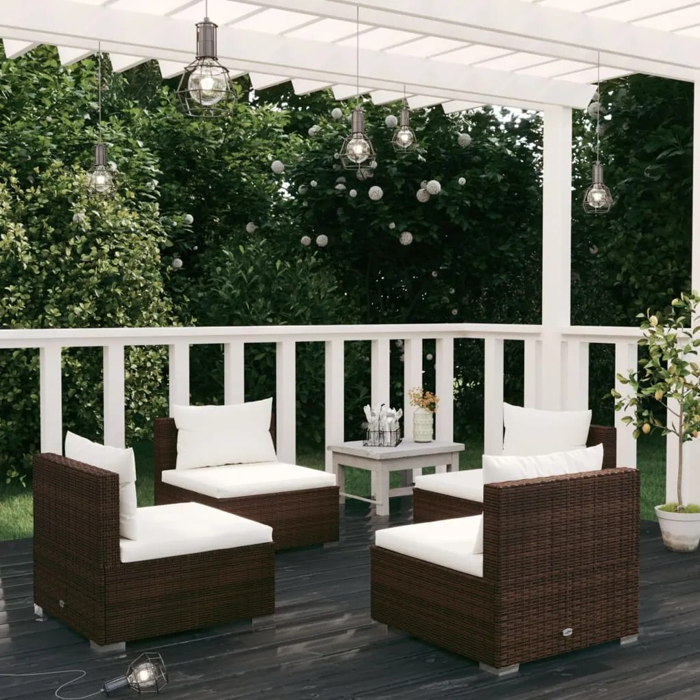 vidaXL 4 pcs conjunto lounge jardim c/ almofadões vime PE castanho