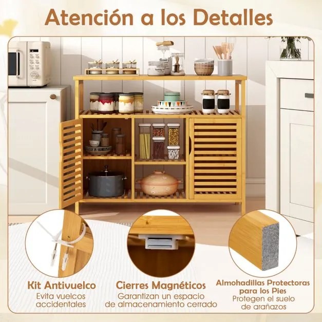 Armário de Cozinha de bambu com 2 portas e prateleiras para cozinha sala de estar 100 x 35 x 80 cm Natural