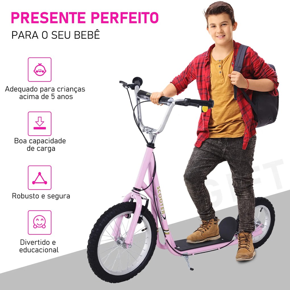 HOMCOM Trotinete para Crianças acima de 5 anos Scooter de 2 Rodas Grandes com Duplo Freio e Guidão Ajustável em Altura Adolecentes Adultos 125x58x92-100cm Rosa