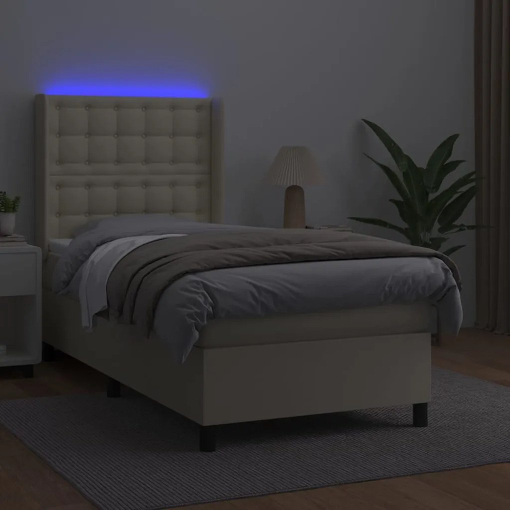 Cama box spring c/ colchão/LED 100x200cm couro artificial creme