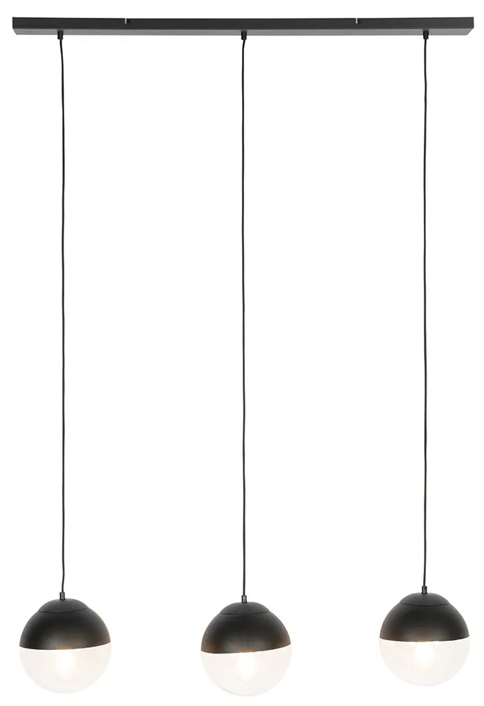 Candeeiro de suspensão retro preto com vidro transparente oblongo 3 luzes - Eclipse