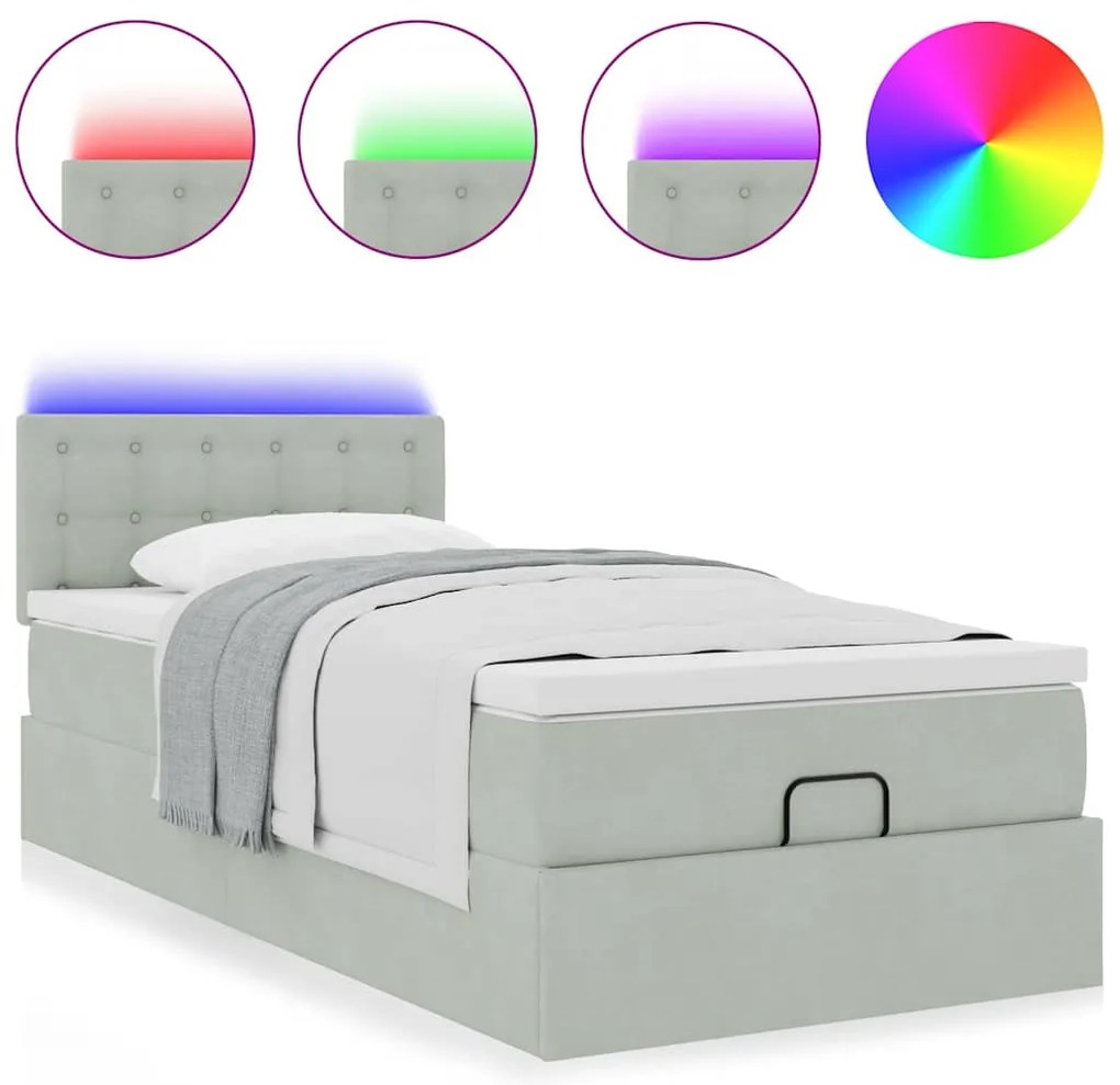 Estrutura cama otomana colchão 90x200 cm veludo cinzento claro