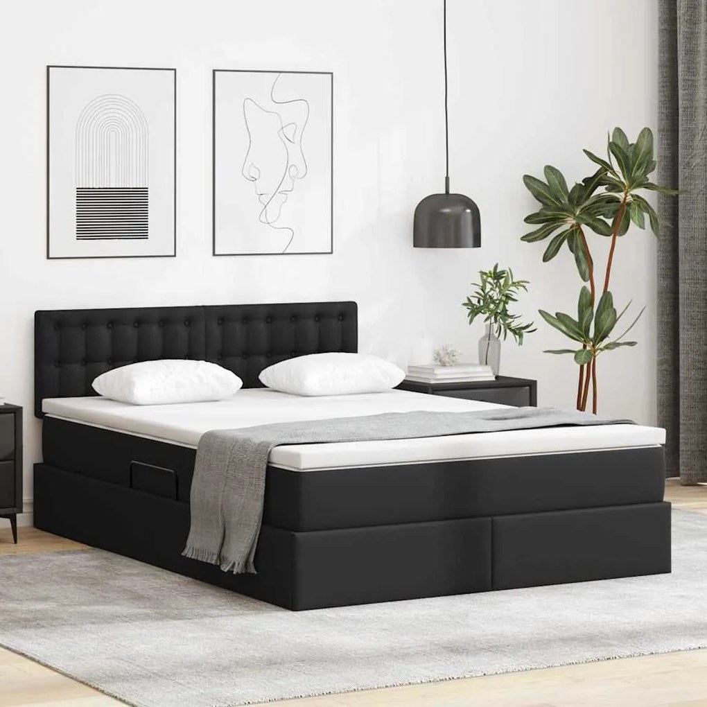 vidaXL Cama com arrumação e colchão Preto 140 x 200 cm Couro Sintético