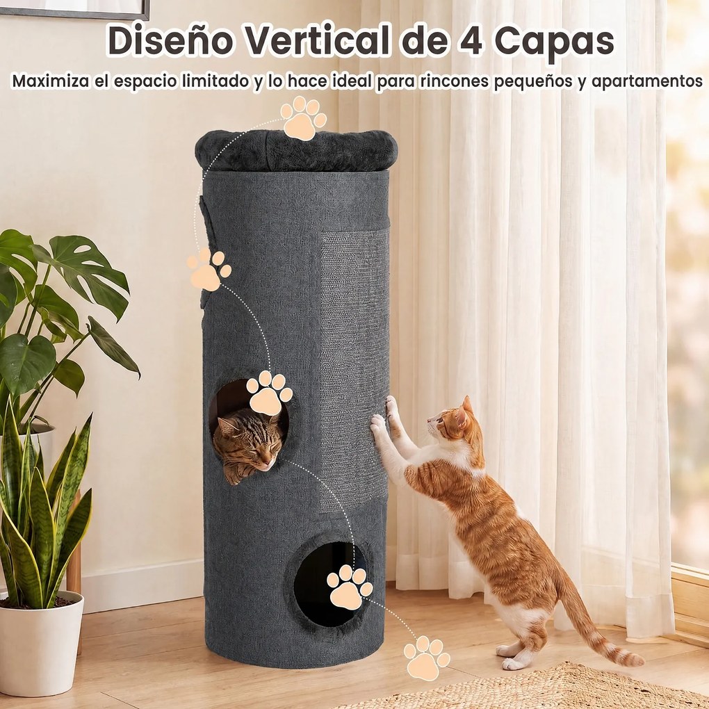 Arranhador para Gatos, 43 x 43 x 113 cm, 3 Grutas de Refúgio, Cinzento escuro