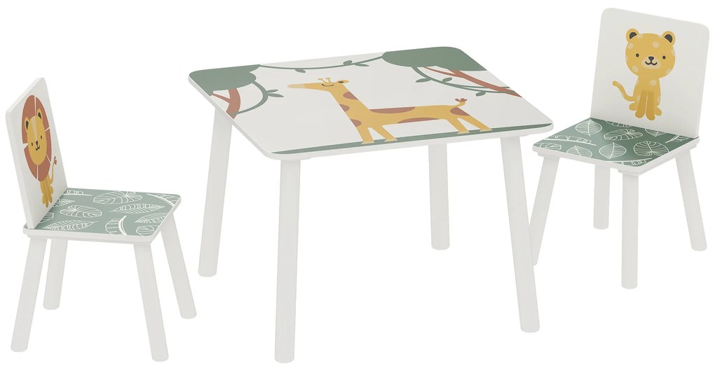 Mesa e Cadeiras para Crianças de 3 Peças Mesa Infantil com 2 Cadeiras em Madeira com Desenhos de Leões Verde