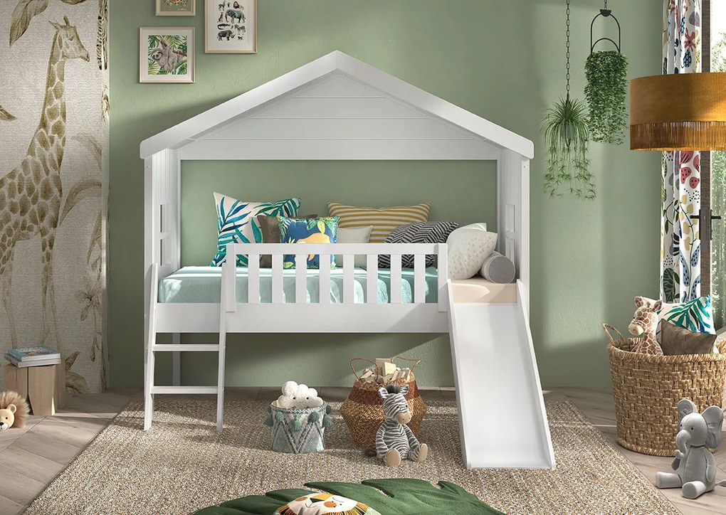 Cama para Crianças Casa HOUSEBED ESCADA + ESCORREGA BRANCA