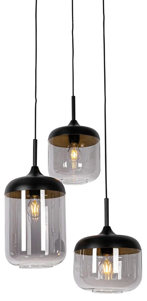 Candeeiro suspenso preto com ouro e vidro fumê redondo de 3 luzes - Kyan Design