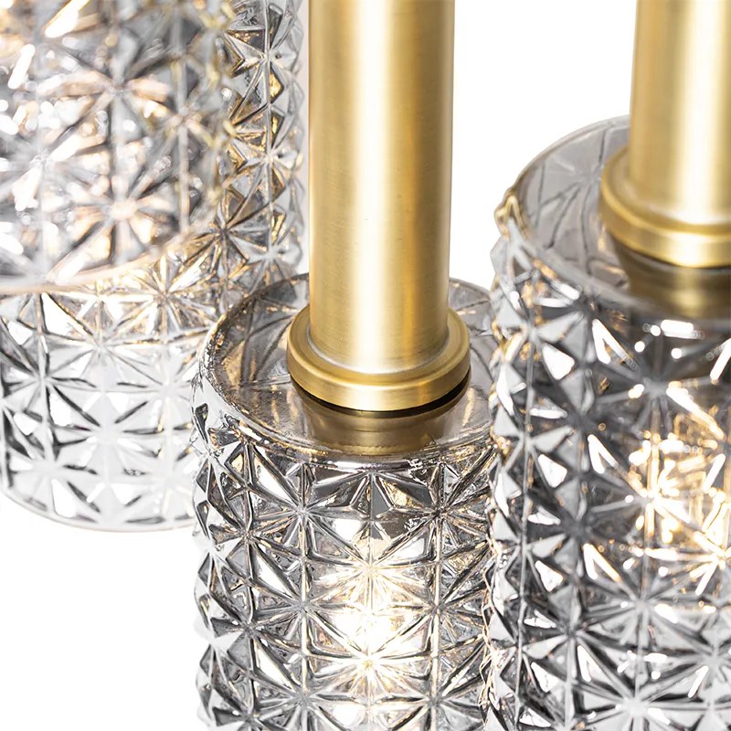 Candeeiro de suspensão dourado com vidro fumê redondo 5-luzes - Elva Art Deco