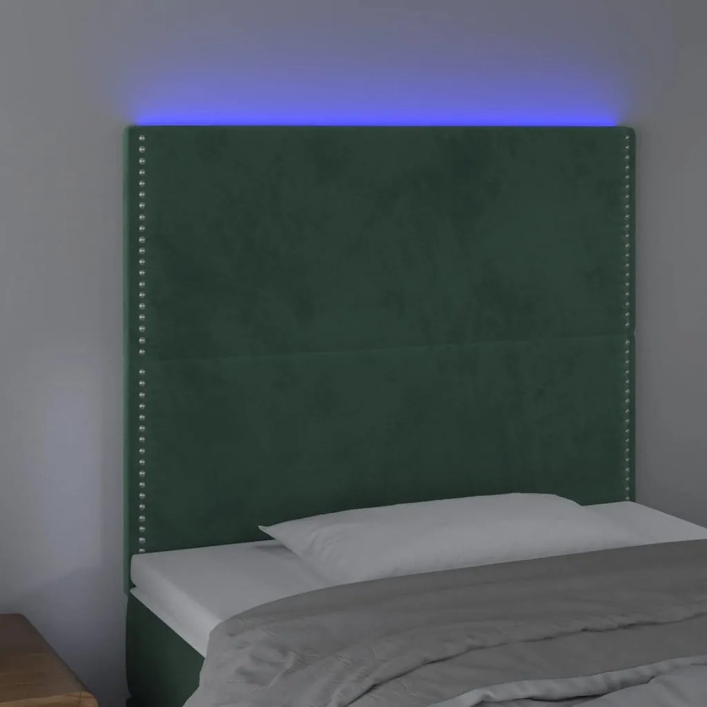 Cabeceira de cama c/ LED veludo 80x5x118/128 cm verde-escuro