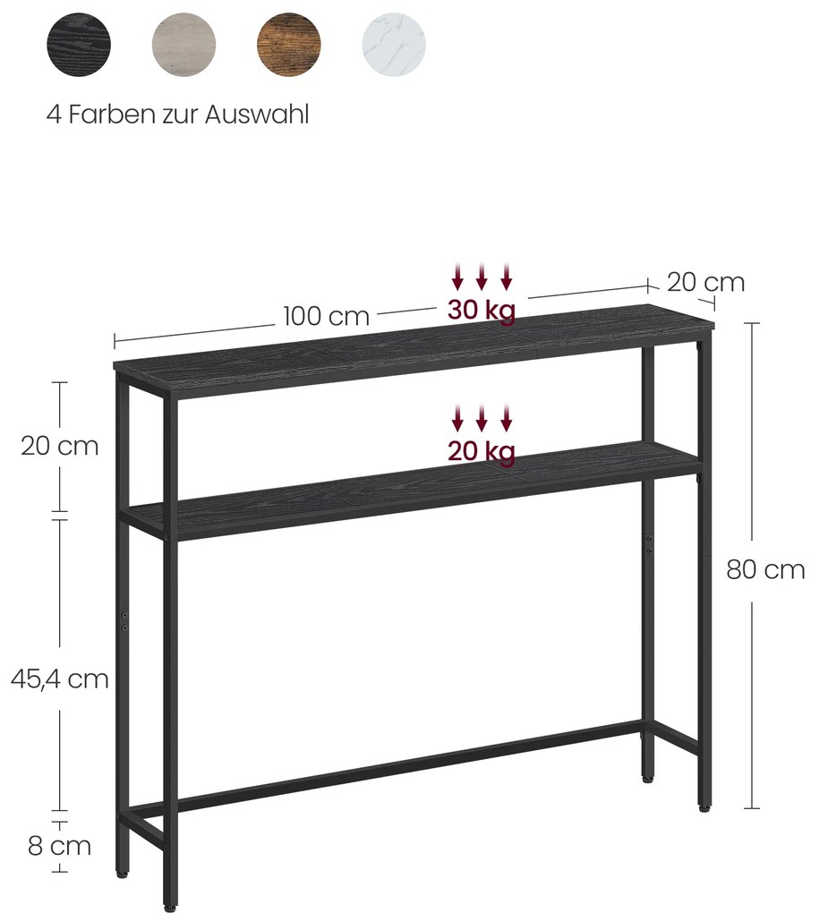 Mesa consola estreita com 2 prateleiras 20 x 100 x 80 cm Preto e cinzento antracite