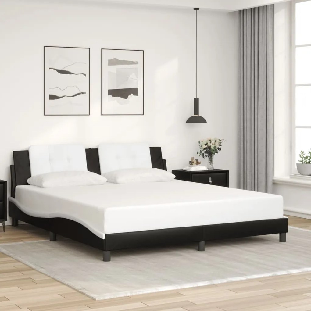 Estrutura cama c/ luzes LED 180x200cm couro artif. preto/branco