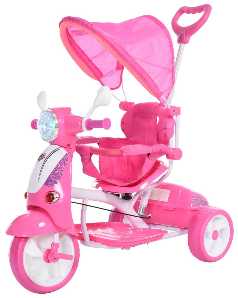 HOMCOM Triciclo para crianças acima de 3 anos Triciclo evolutivo dobrável com funções de luz e música Toldo Forma DE Motocicleta 102x48x96 cm Rosa