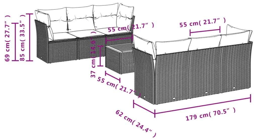 7 pcs conjunto sofás p/ jardim c/ almofadões vime PE cinzento