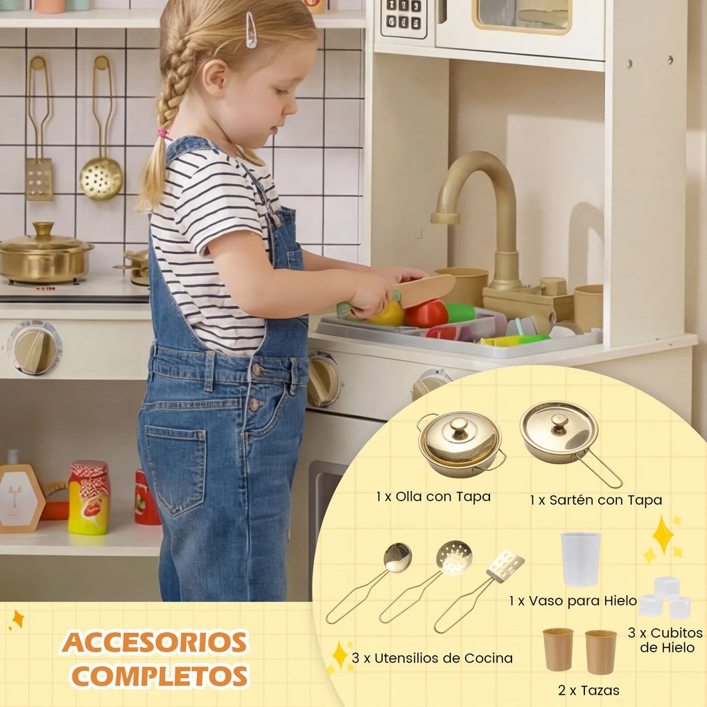 Cozinha de Brinquedo de Canto, 134 x 71 x 90 cm, Torneira com Circulação de Água, Bege