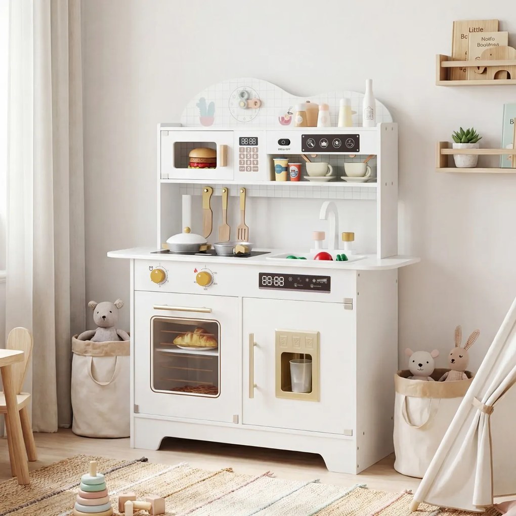 Cozinha brincar infantil de madeira 79,5 x 39,5 x 90,5 cm com 17 acessórios, forno e máquina de gelo, para crianças com mais de 3 anos, branca