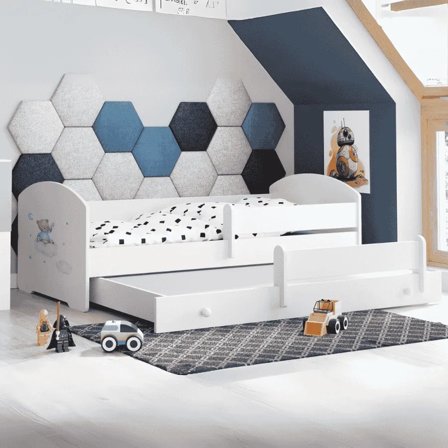 Cama infantil dupla branca Luk 160x80 ursinho azul - colchão e estrado incluído