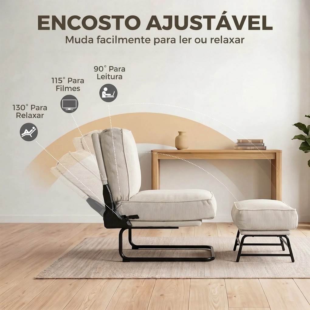 Poltrona com Apoio para os Pés e Encosto Ajustável em Bombazina com Assento Largo e Acolchoamento Espesso Creme