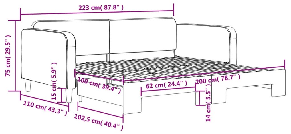 Sofá-cama com gavetão 100x200 cm tecido cinzento-escuro