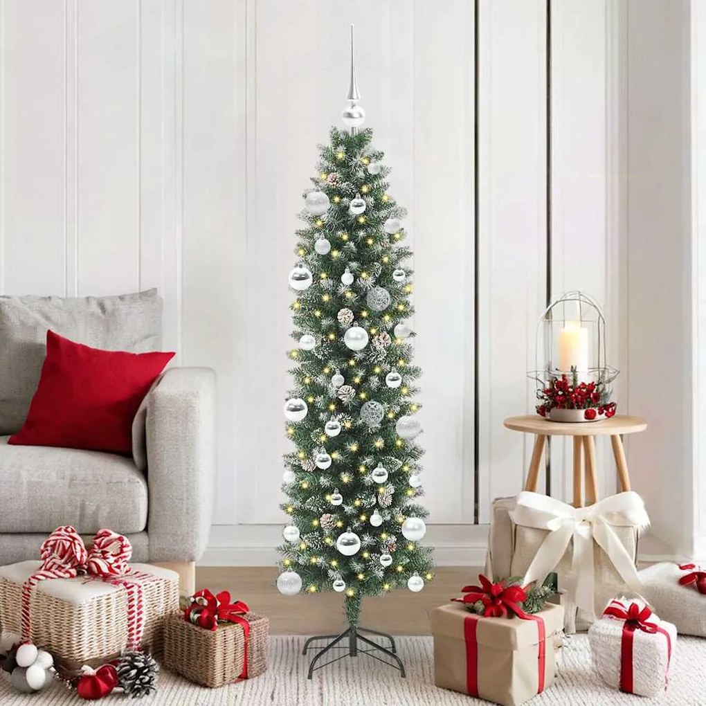 vidaXL Árvore Slim de Natal Artificial Verde e Branco 150 cm